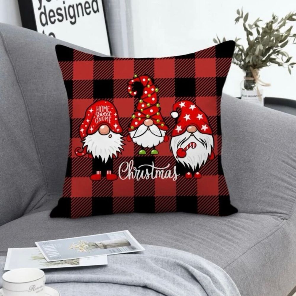 Plaid Gnome Christmas Throw Pillow Cover